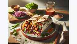 Image of Tamarind BBQ Tempeh Wraps on a neutral dish, featuring caramelized tempeh, purple cabbage, carrots, red onion, cilantro, and sesame seeds on a clean table.