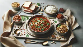 Image of a minimalist buffet table with a bowl of vibrant Vegan African Peanut Stew, garnished with cilantro and peanuts, accompanied by fresh bread or steamed rice.