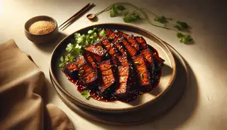 Realistic image of vegan Asian BBQ Seitan with caramelized edges on a stylish plate, garnished with sesame and cilantro, set against a neutral backdrop.