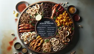 Vegan African 'Seafood' Platter with mushrooms as calamari, king oyster as scallops, and heart of palm as lobster, seasoned vibrantly.