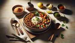 African vegan dish in a rustic bowl on a wooden table, featuring millet, spicy sweet potato, chickpeas, garnished with cilantro and lemon.