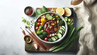 Vibrant plant-based marinade in a small dish on a clean table, showcasing fresh ingredients for a flavorful experience.