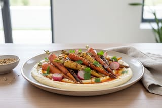 Miso-glazed root vegetables on silky cannellini cream. A vibrant plant-based East-West fusion on artisanal ceramic in soft natural light.