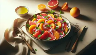 Vibrant citrus salad with orange and grapefruit segments, red onions, mint, dressed in olive oil and vinegar on a neutral table.
