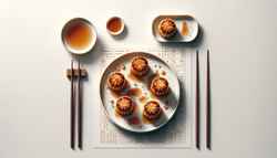 Golden-brown vegan caramelized dim sum on a refined porcelain plate, set on a minimalist soft white table, highlighting the dish's appeal.