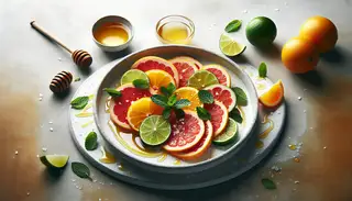 A stunning citrus burst appetizer with grapefruit, oranges, and lime slices, garnished with fresh mint leaves, drizzled with honey, and sprinkled with sea salt flakes on a clean, minimalist table setting.