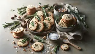 Savory Rosemary Sea Salt Shortbread Cookies elegantly displayed on a clean table, showcasing fresh rosemary and sea salt textures.
