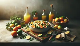 A vibrant image showcasing a citrus-based marinade in a beautifully presented dish on a simple, uncluttered table, inviting viewers to savor its refreshing flavors.