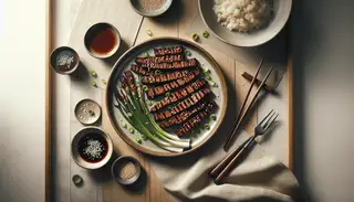 Image of a minimalist lunch setting featuring a plate of charred, glossy grilled seitan strips garnished with green onions and sesame seeds, with extra marinade on the side, on a wooden table in a natural light setting.
