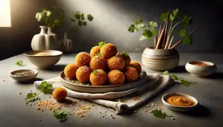 Golden, crispy Spicy Miso Jackfruit Poppers on a minimalist ceramic plate, garnished with sesame seeds and cilantro, under natural light.