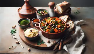A minimalistic lunch setting featuring a vibrant Vegan Moroccan Tagine in a rustic pot, with a side of fluffy couscous and fresh bread, accented by a small vase of herbs.