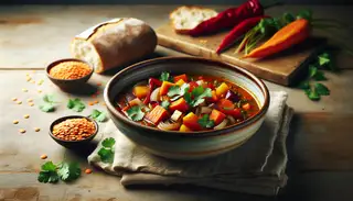 Rustic bowl of Roasted Vegetable and Lentil Soup on a wooden table, garnished with cilantro, surrounded by lentils and bread.