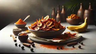 Vibrant, crispy Spicy Plantain Chips on a clean table, inviting indulgence in African vegan snacks.