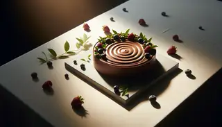 Decadent vegan chocolate mousse topped with fresh berries, showcased on a minimalist table.