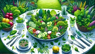 Imagine a picturesque outdoor scene where a lush green garden meets the enchanting culinary world. At the heart of this image is a lunch table set upon a vibrant lawn, embellished with various shades of verdant foliage and herbs brought to life by natural light. The central attraction is a tantalising salad; an array of fresh mixed salad greens, baby spinach, arugula, cilantro leaves, mint leaves, and chives are meticulously arranged in individual bowls, each element contributing to the myriad of colors and textures. Additional components like crisp radish slices, diced cucumber, bifurcated cherry tomatoes, and toasted sunflower seeds injecting contrasting colors and a satisfying crunch. The salad, dressed with zesty lemon, glints under the sun, underscoring the dish's freshness. This illustration encapsulates the spirit of spring, displaying the splendor of nature's offerings and the culinary excellence of a nameless renowned vegan chef.