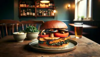 Vegan sandwich with jackfruit and mushrooms on a brioche bun, surrounded by minimalist decor and warm lighting.