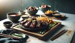 Minimalist outdoor food truck setting with a clean table displaying Asian-inspired vegan BBQ seitan ribs, garnished with sesame seeds and green onions, served with a dipping sauce.