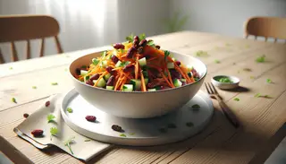 Colorful vegan African spiced carrot and bean salad in a white bowl on a minimalist wooden table.